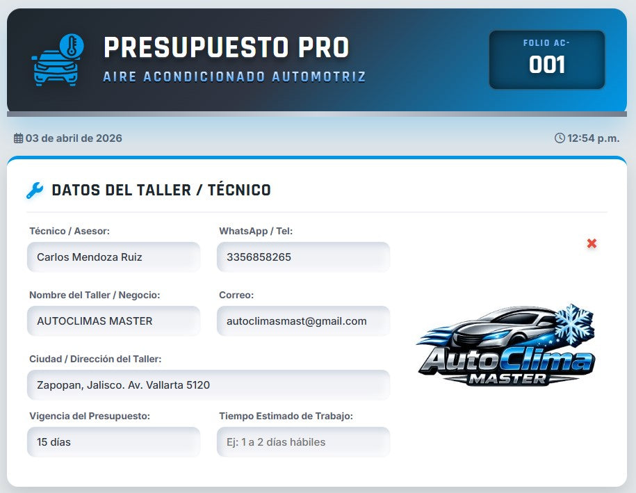 PRESUPUESTO PRO | AIRE ACONDICIONADO - AUTOMOTRIZ