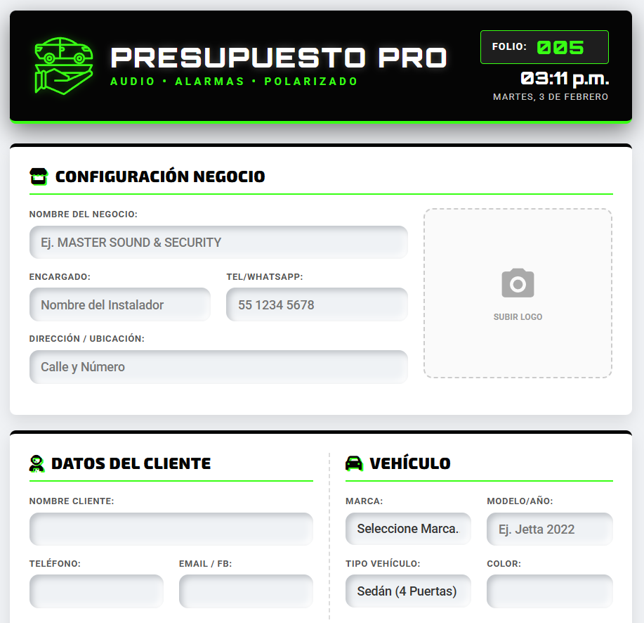 Presupuesto PRO | Audio, Alarmas & Polarizados