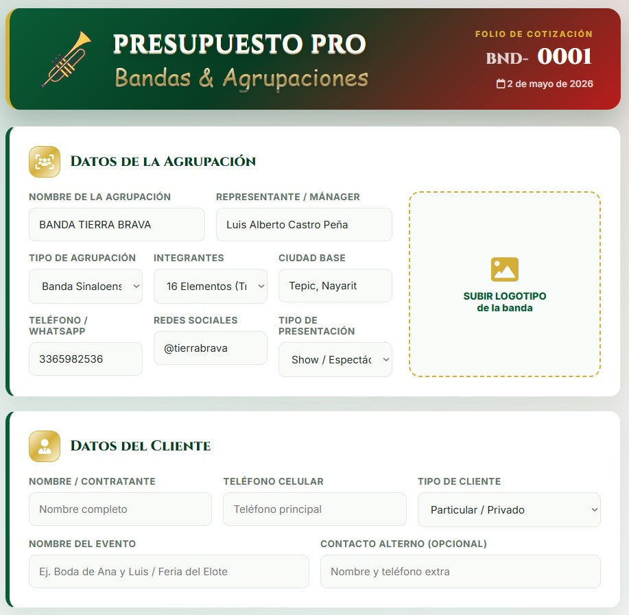 PRESUPUESTO PRO | BANDAS & AGRUPACIONES