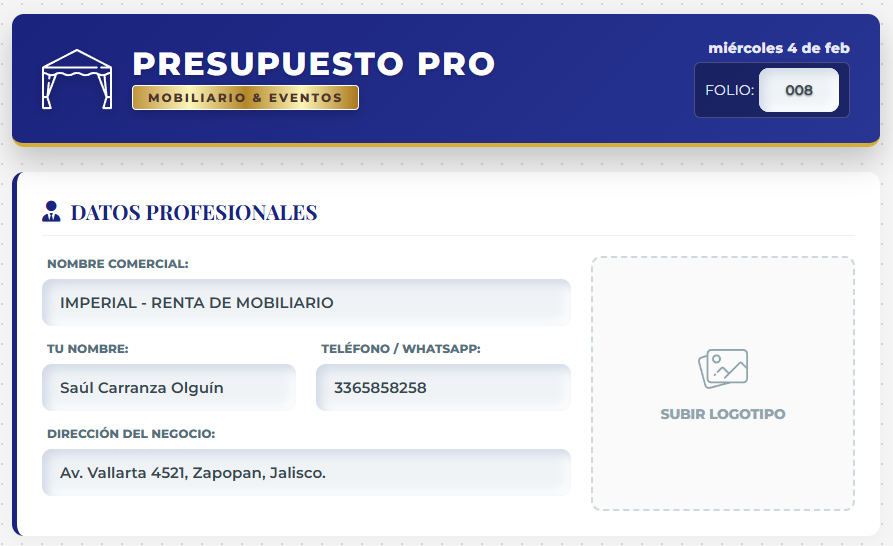 PRESUPUESTO PRO | RENTA DE MOBILIARIO PARA EVENTOS