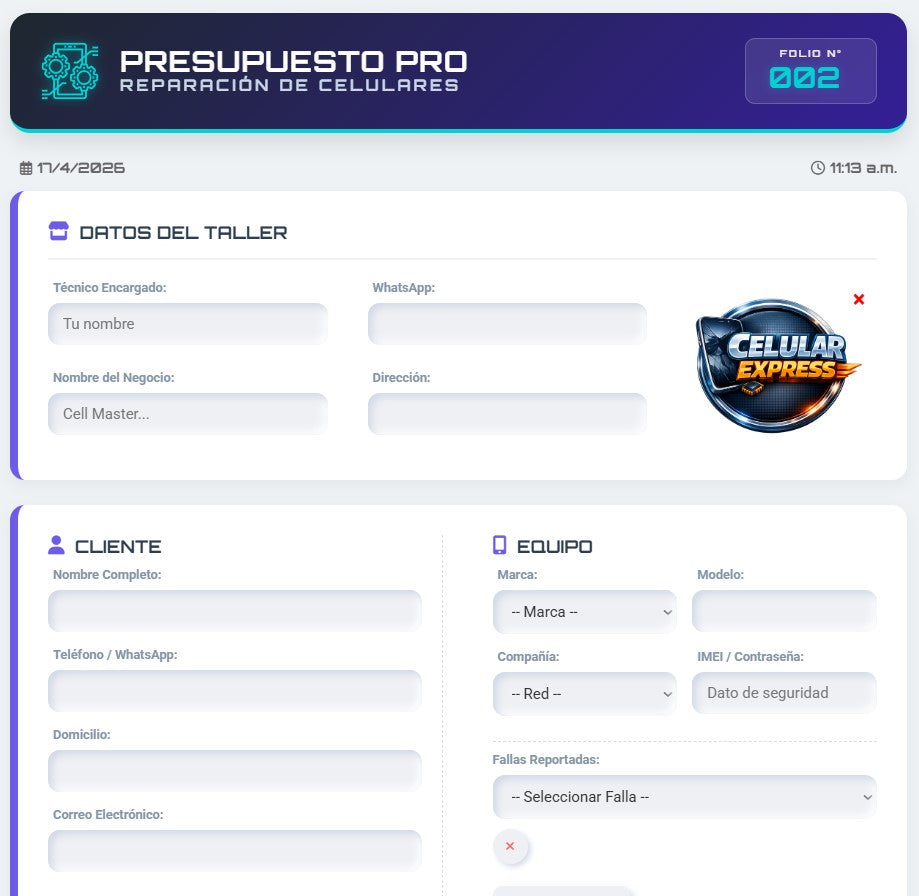 Presupuesto PRO | REPARACIÓN DE CELULARES