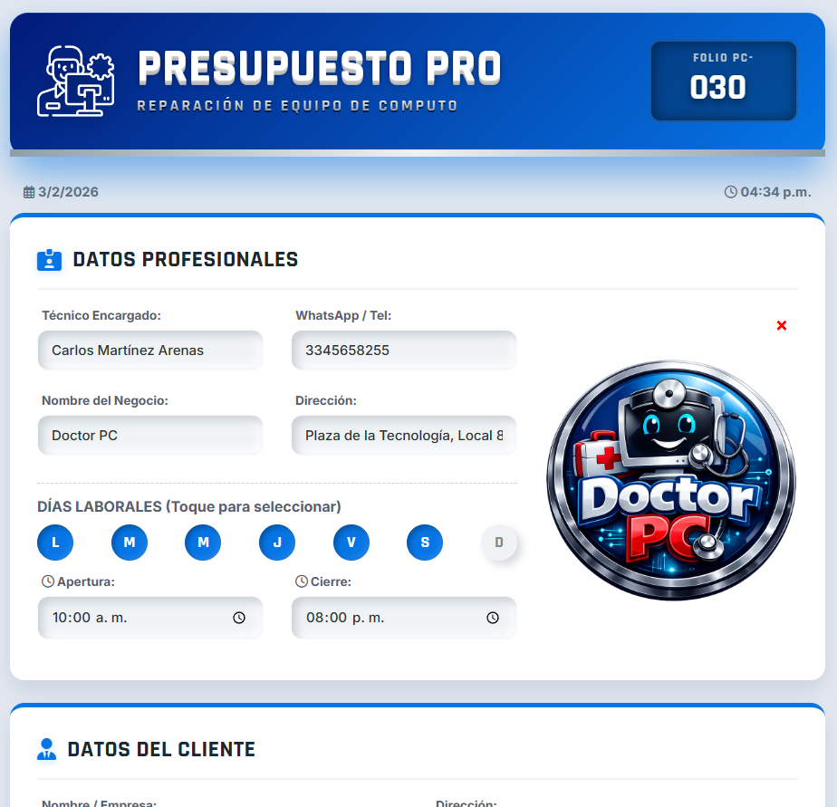 Presupuesto PRO | Técnicos en Reparación de Computadoras