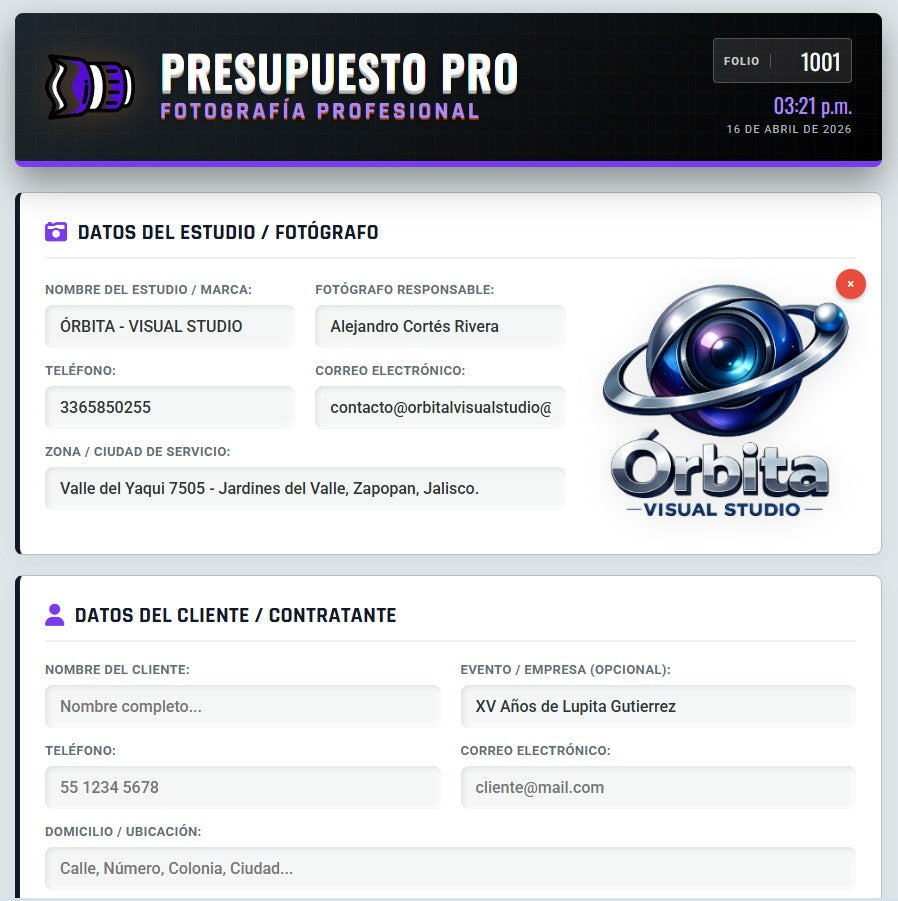 PRESUPUESTO PRO | FOTÓGRAFÍA & VIDEO