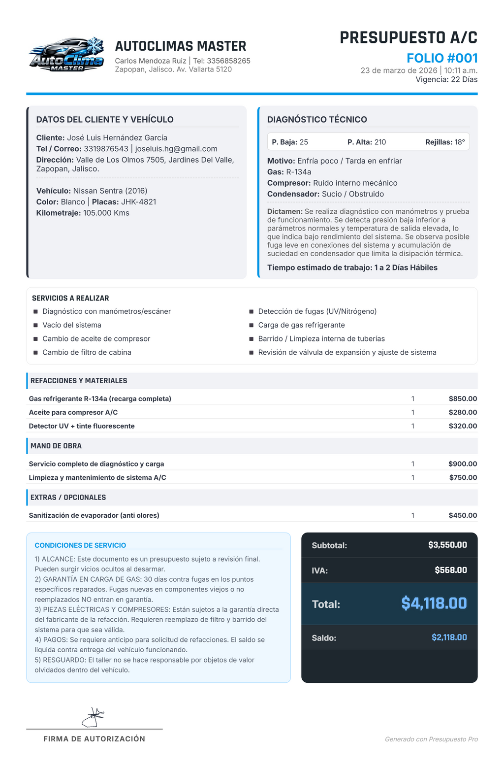 PRESUPUESTO PRO | AIRE ACONDICIONADO - AUTOMOTRIZ