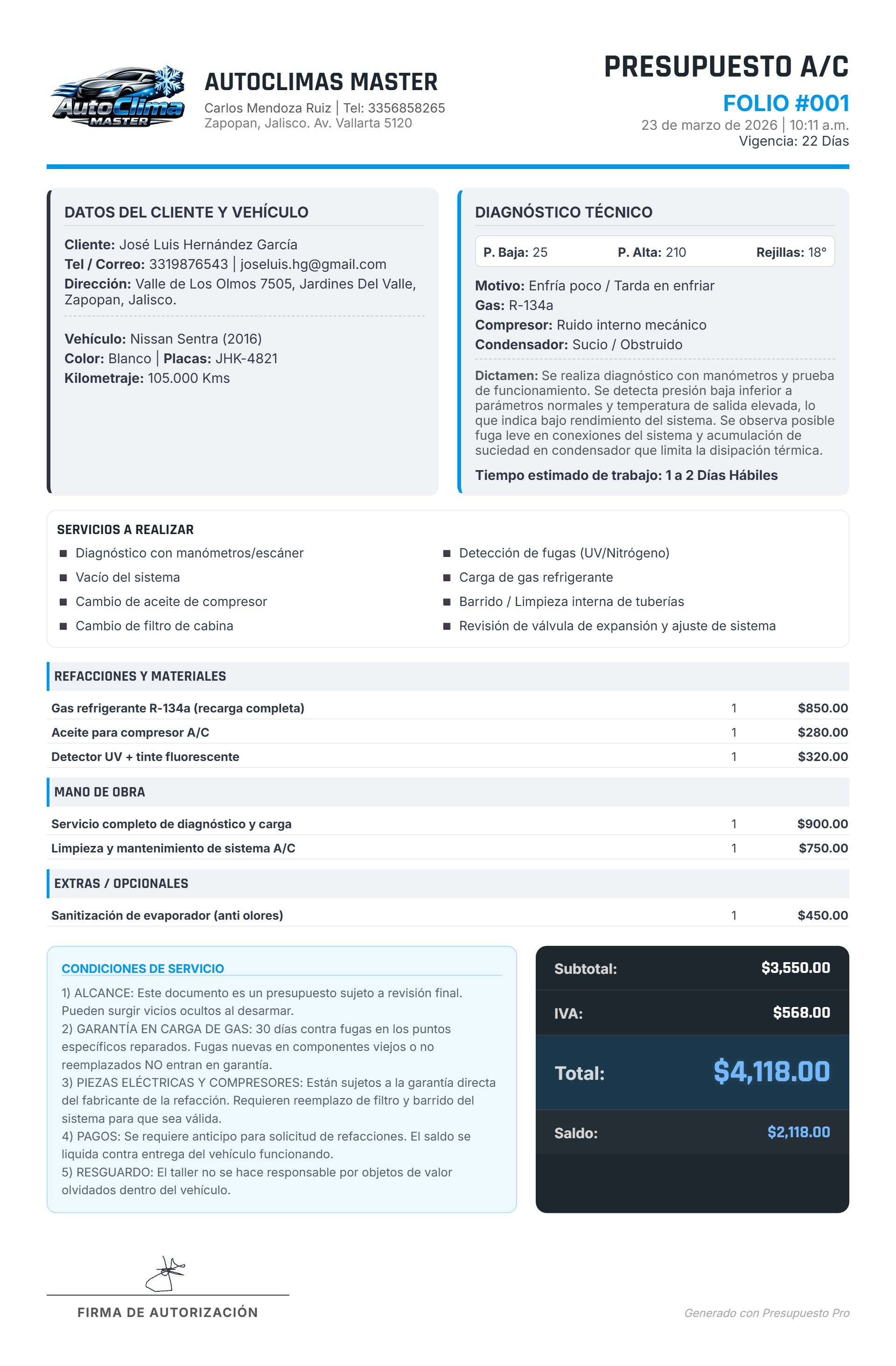 PRESUPUESTO PRO | AIRE ACONDICIONADO - AUTOMOTRIZ