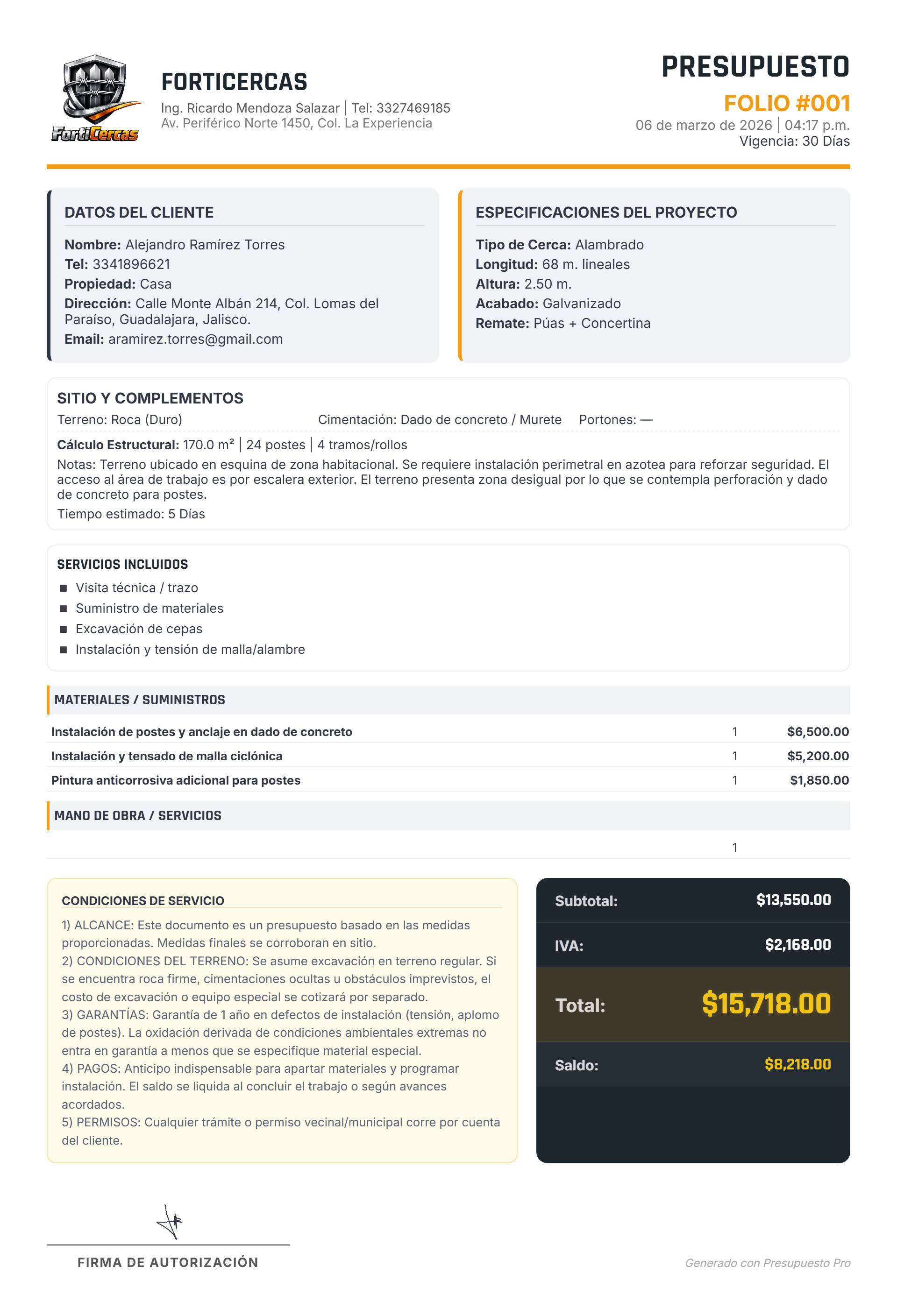 Presupuesto PRO | CERCAS & ALAMBRADOS