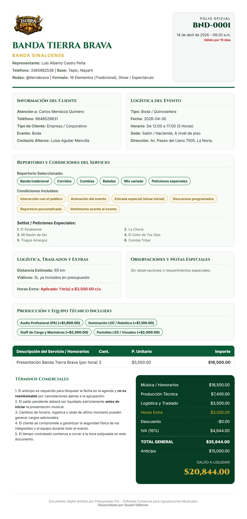 PRESUPUESTO PRO | BANDAS & AGRUPACIONES