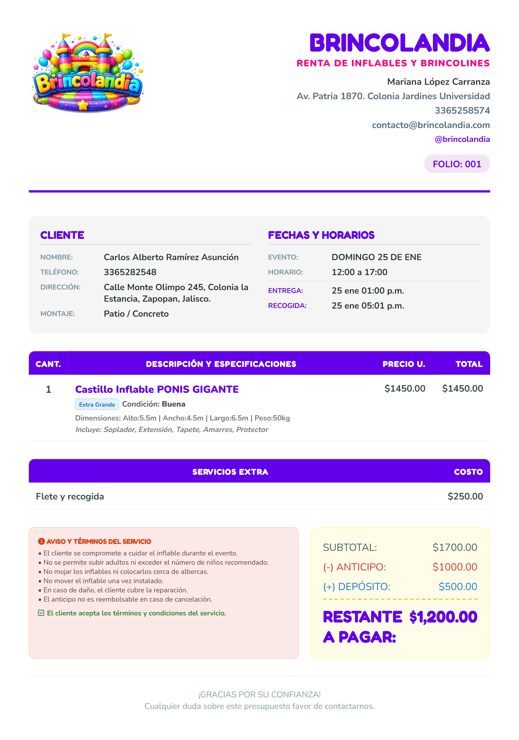 PRESUPUESTO PRO – INFLABLES Y BRINCOLINES