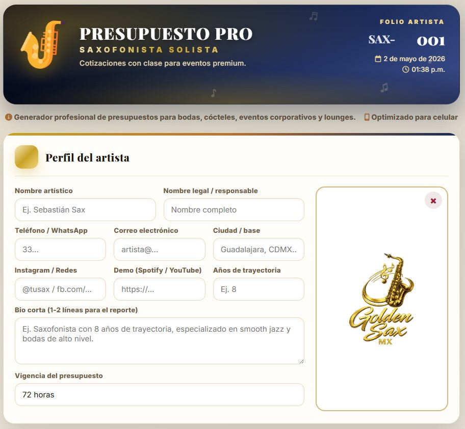 PRESUPUESTO PRO | SAXOFONISTA - SOLISTA
