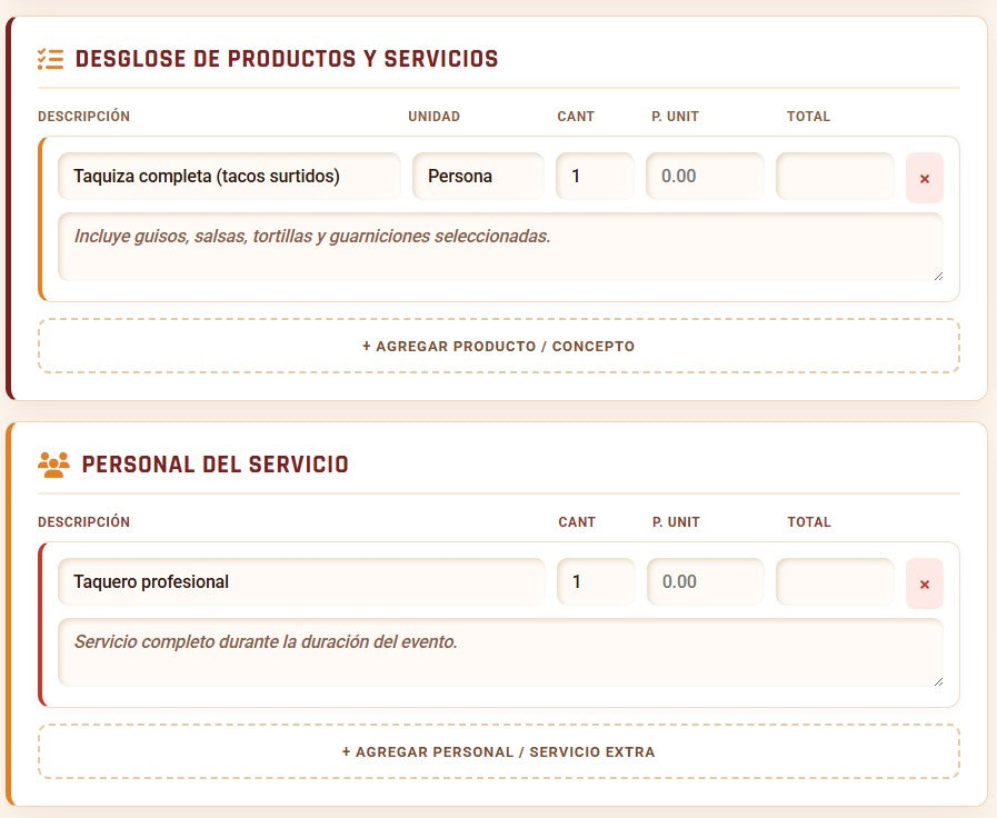 PRESUPUESTO PRO | TAQUIZAS PARA EVENTOS