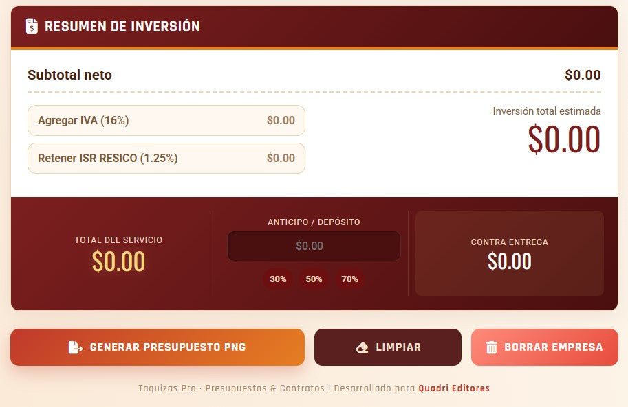PRESUPUESTO PRO | TAQUIZAS PARA EVENTOS