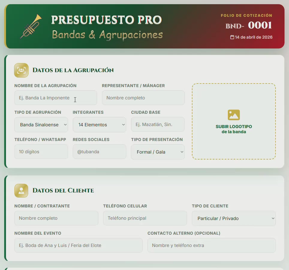PRESUPUESTO PRO | BANDAS & AGRUPACIONES