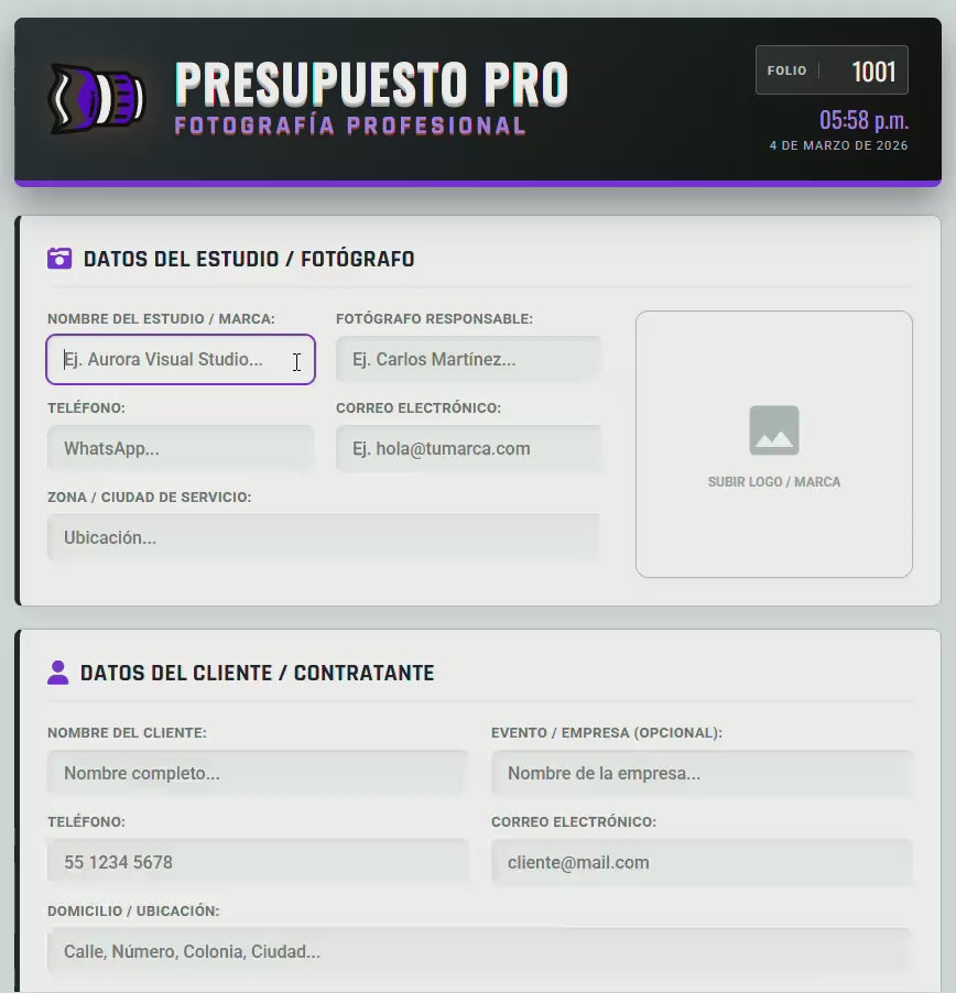 PRESUPUESTO PRO | FOTÓGRAFÍA & VIDEO