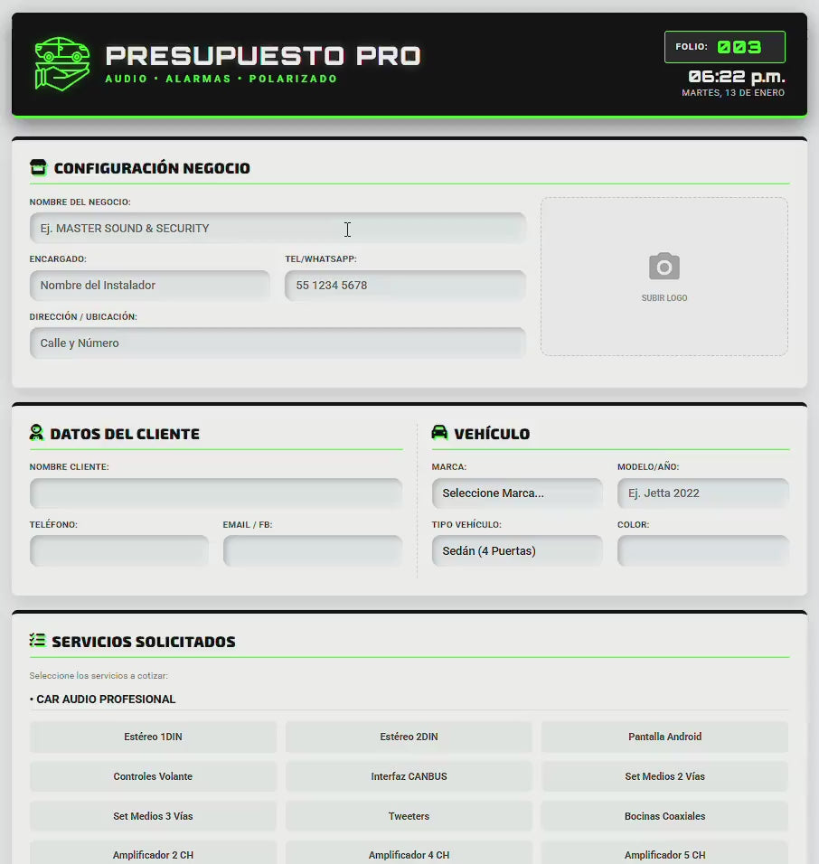 Presupuesto PRO | Audio, Alarmas & Polarizados