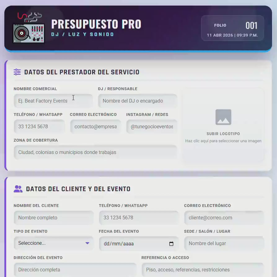 PRESUPUESTO PRO | DJ - LUZ & SONIDO